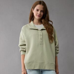 AE S Light Green Big Hug Henley Quarter Button Front Knit Sweatshirt Pullover